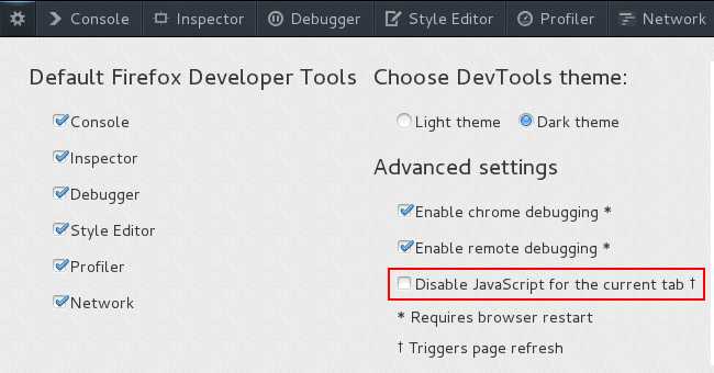 Disable JavaScript Option in Firefox DevTools